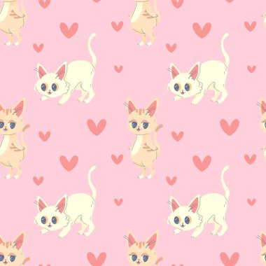 Kalbi olan kusursuz desenli kedi, pembe şirin, kumaş, baskı, giysi ve defterler için vektör çizimi, defterler,