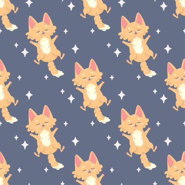 Kusursuz desenli uyuyan kedi, şekerleme, çizgi film şirinliği, kumaş, baskı, giysi ve defterler için vektör çizimi, dizüstü bilgisayarlar.