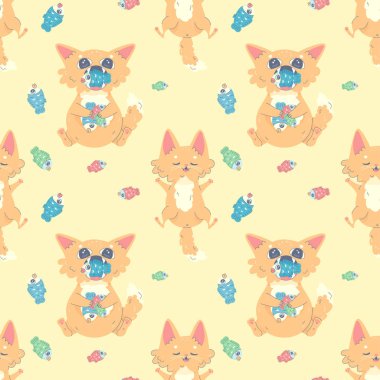 Balık ve uyku dolu kusursuz desenli kedi, kumaş, baskı, giysi ve defterler için vektör çizimi, defterler,