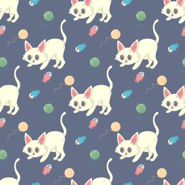 İplik ve kedi toplarının kusursuz deseni, kumaş, baskı, giysi ve defterler için vektör illüstrasyonuName