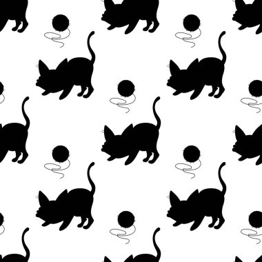 Kusursuz desenli kedi silueti, çizgi film, kumaş, baskı, giysi ve defterler için vektör illüstrasyonuName