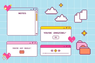 y2k arayüzü Retro tarayıcı bilgisayar penceresi Pastel Retrowave pc masaüstünü ileti kutuları ve kullanıcı arayüzü unsurları ux ui ile ayarla