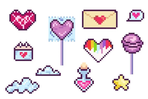 stock vector Pixel set valentines day, hearts, chupachups, potion, lgbt, 8 bit, retro, y2k pixel icon on a completely white background