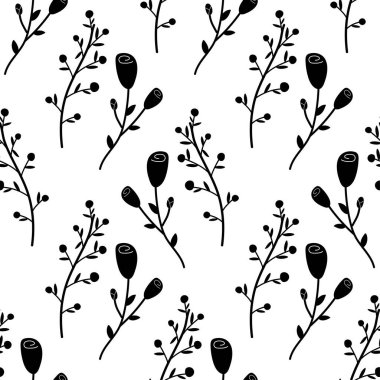 Çiçeksiz bahar çiçekleri siluetleri siyah beyaz çizimler. Tasarımın, ambalaj kağıdın, kumaşın için..