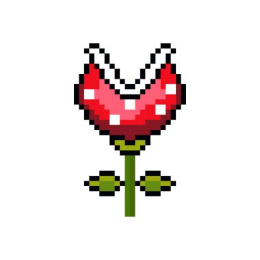 Uzhgorod, Ukrayna, 17 Şubat 2024. Pikselleştirilmiş 8 bit illüstrasyon: Süper Mario oyun venüs sinekkapanı, düşman vektörü