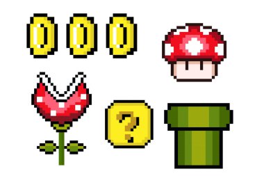 Uzhgorod, Ukrayna, 17 Şubat 2024. Pixelated set 8 bit illustration by super mario Brothers game, coins, mantar, sinekkapan, vektör
