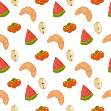Kusursuz desen, farklı ürünler, yiyecek. balık, biber, domates, karpuz, kruvasan, vektör. Paket kağıdı, kumaş için., 