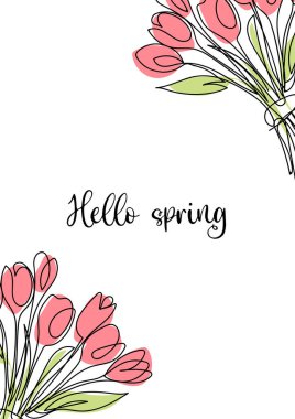 Merhaba bahar, kartpostal hattı sanatı, bir buket lale çizimi. vektör 