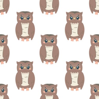 Beyaz arka planda kusursuz baykuş deseni, çocukça desen, kumaş, ambalaj kağıdı için,