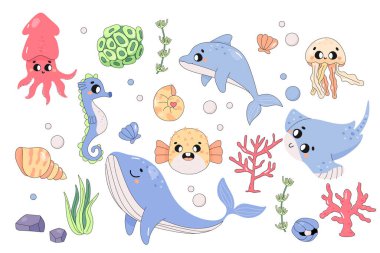 Beyaz arka planda sevimli deniz hayvanları, fugu, balina, yunus, mürekkep balığı, denizanası. Su altı dünyası. vektör