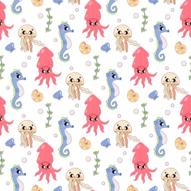 Yaz kusursuz desen, deniz dünyası, fugu balığı, vatoz, mürekkep balığı, deniz atı ve balina, çocuk vektörü.