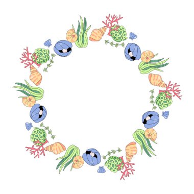 Çerçeve, sınır, deniz kabukları. Yaz denizi, sualtı illüstrasyon vektörü