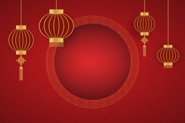 Çin yeni yılı, altın ve kırmızı, selamlama şablonu, afiş, poster. 2025 Çerçeve ve yuvarlak Çin feneri kopyalama alanı