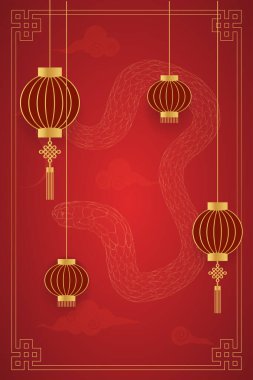 Çin yeni yılı, altın ve kırmızı, selamlama şablonu, afiş, poster. dikey 2025 yılanı arka plan ağında