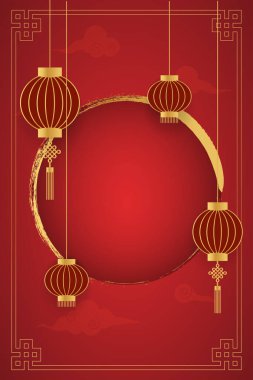 Çin Yeni Yılı, altın ve kırmızı, selamlama şablonu, afiş, poster. dikey 2025 boş Altın fenerli çerçeve