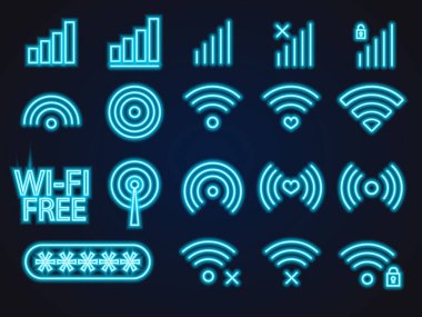 Büyük bir kablosuz ağ sinyali seti, cep telefonu sinyali, neon ışıklı simgeler ücretsiz