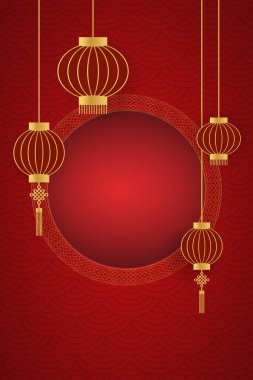Altın çerçeveli kırmızı çerçeve ve arka plandaki desen Çin Yeni Yıl şablonu, tebrik kartı, afiş