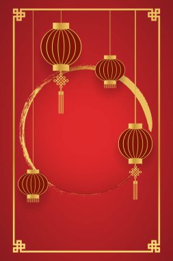 Altın çerçeve ve fenerli kırmızı çerçeve, Çin Yeni Yıl şablonu 2025, tebrik kartı vektörü