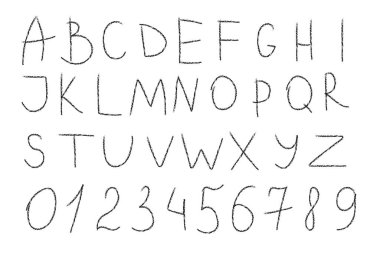 Beyaz bir çarşafa kömür ya da balmumu kalem çizerek. El çizimleri. Alfabe, harfler, sayılar. 