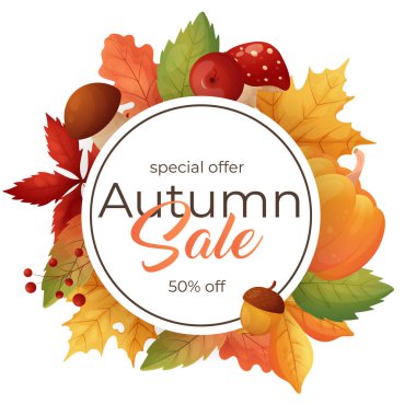 Sonbahar Satışı. Beyaz arka planda yaprakları ve mantarları olan sonbahar çerçevesi. Vektör.