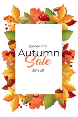 Sonbahar indirimi arka plan, afiş veya el ilanı tasarımı. Yapraklar, mantarlar. İndirim için şablon 