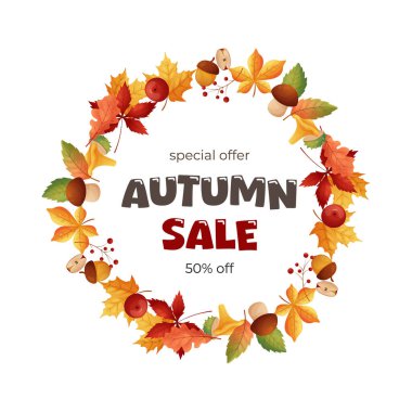Sonbahar Satışı. Beyaz arka planda yaprakları ve mantarları olan sonbahar çerçevesi. Vektör.
