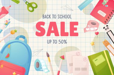  Okula dönelim. İndirim, indirim. Çizgi film sırt çantası ve okul kırtasiyesi. Vektör