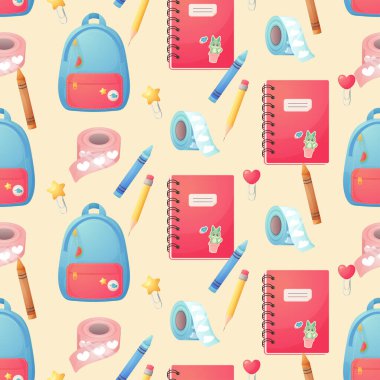 Kusursuz bir şablon, okul malzemeleri. Çizgi film, vektör. okul vektörüne dönüş