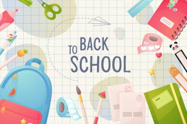 Okula dönelim. Şablon, poster afişi. Çizgi film sırt çantası ve okul malzemeleri, çerçeve. Vektör