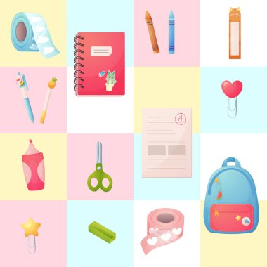 Kusursuz bir şablon, okul malzemeleri. Çizgi film, vektör. okul kare vektörüne