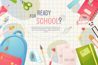 Renkli karikatür tarzında okul resmine dönüş okul çantası, kalem, kalem ve dizüstü bilgisayarlar gibi okul malzemelerini okul vektörüne hazır metinlerle birlikte bir ızgara kağıdına yerleştirir.