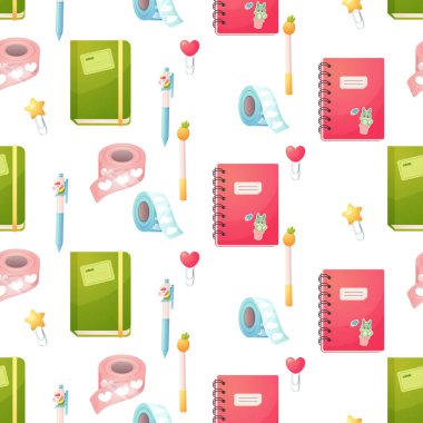 Kusursuz desen, defter, kalemler, okul ve kırtasiye malzemeleri. Çizgi film gibi ve sevimli. Vektör