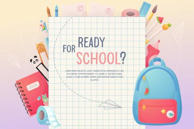 Okula dönelim. Pankart, kırtasiye ve çarşaflı poster. Çizgi film, okul ya da anaokulu için. Vektör