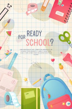 Okul hazırlıklarına, satışlara, okul indirimlerine. Kalem, kalem, sırt çantası vektörü