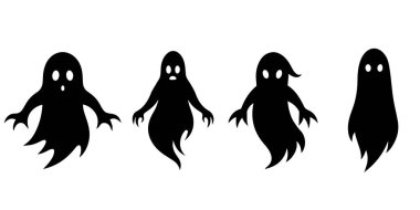  Hayalet siluetleri, Cadılar Bayramı ruhu, beyaz arka planda. Vektör illüstrasyonu