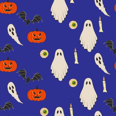 Kusursuz retro desen, Cadılar Bayramı, hayalet balkabağı ve yarasa fare. Beyaz vektör illüstrasyonunda izole