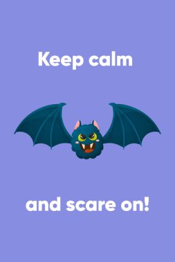 Çizgi film tarzında komik bir Cadılar Bayramı kartı. Yarasa ve selamlama. Vektör