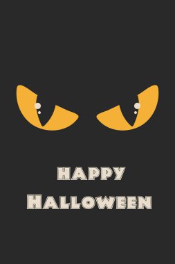 Mutlu Cadılar Bayramı. Retro poster. Sarı kedinin gözleri ve siyah arkaplan. Vektör illüstratörü