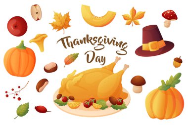 Tasarımın için bir Şükran Günü seti. Türkiye, mantar, yaprak, peligrim şapka, kabak vektörü illüstrasyonu