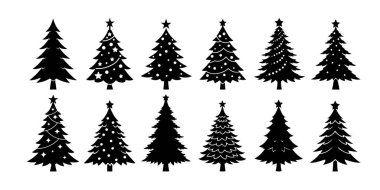 Büyük bir kış silueti seti, siyah Noel ağacı, beyaz arka planda özet. İzole edilmiş basit