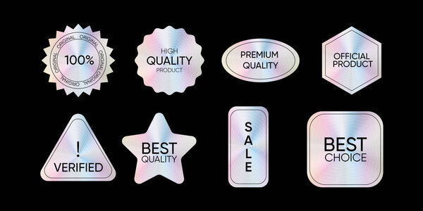 Set of templates of colored holographic stickers, labels with holographic effect. Vector illustration