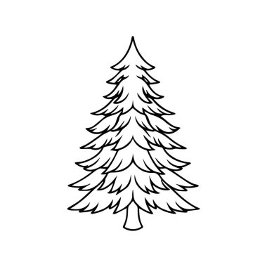 Kış silueti siyah, ana hatlarıyla. Noel ağacı, çam ağacı izole edilmiş.