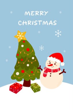 Kardan adamla mutlu Noeller kartı. Basit şirin vektör ve ağaç