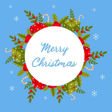 Mavi arka plandaki kartpostal mutlu noeller. Basit şirin vektör çerçevesi