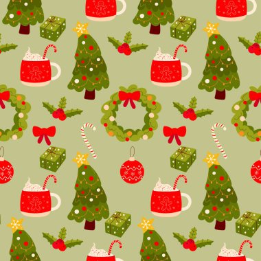 Yeşil arka planda kusursuz Noel deseni Noel ağacı, hediye, oyuncak. Hediye kağıdı ya da kumaş için arka plan. vektör