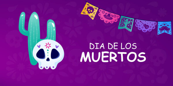 Postcard, banner for Day of the Dead los muertos. Sugar skull, congratulations, post. vector