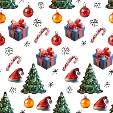 Kusursuz disko ayna küresi yeni yıl şablonu, Noel ağacı, hediye, karamel kamış, Noel Baba şapkası. Mozaik biçim vektörü