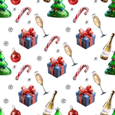 Kusursuz disko ayna küresi yeni yıl şablonu, Noel ağacı, hediye, karamel kamış, Noel Baba şapkası. Mozaik biçim vektörü