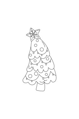 Basit boyama, Noel ağacı, yeni yıl doğumu siyah beyaz, beyaz arka planda çizgi. vektör