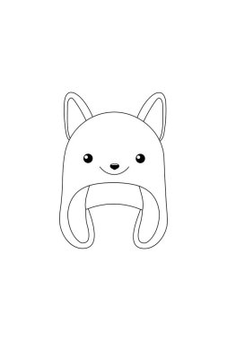 Basit boyama kitabı, kış aksesuarları, tilki şapkası, siyah-beyaz, beyaz arka planda çizgi çizimi. vektör